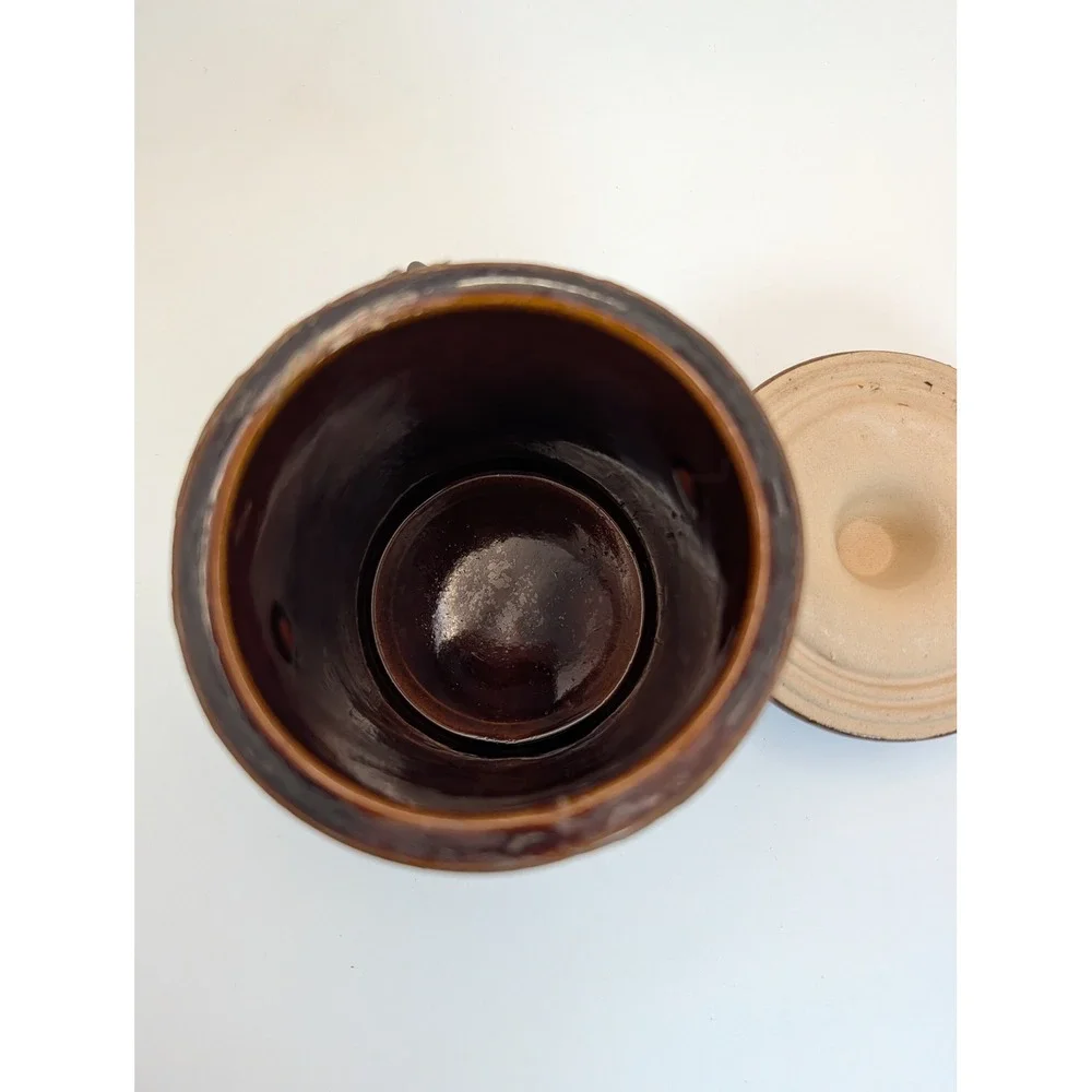 Vintage Mille Lacs Gourmet Foods Brown Stoneware Crock Jar Wire Bail 14oz
